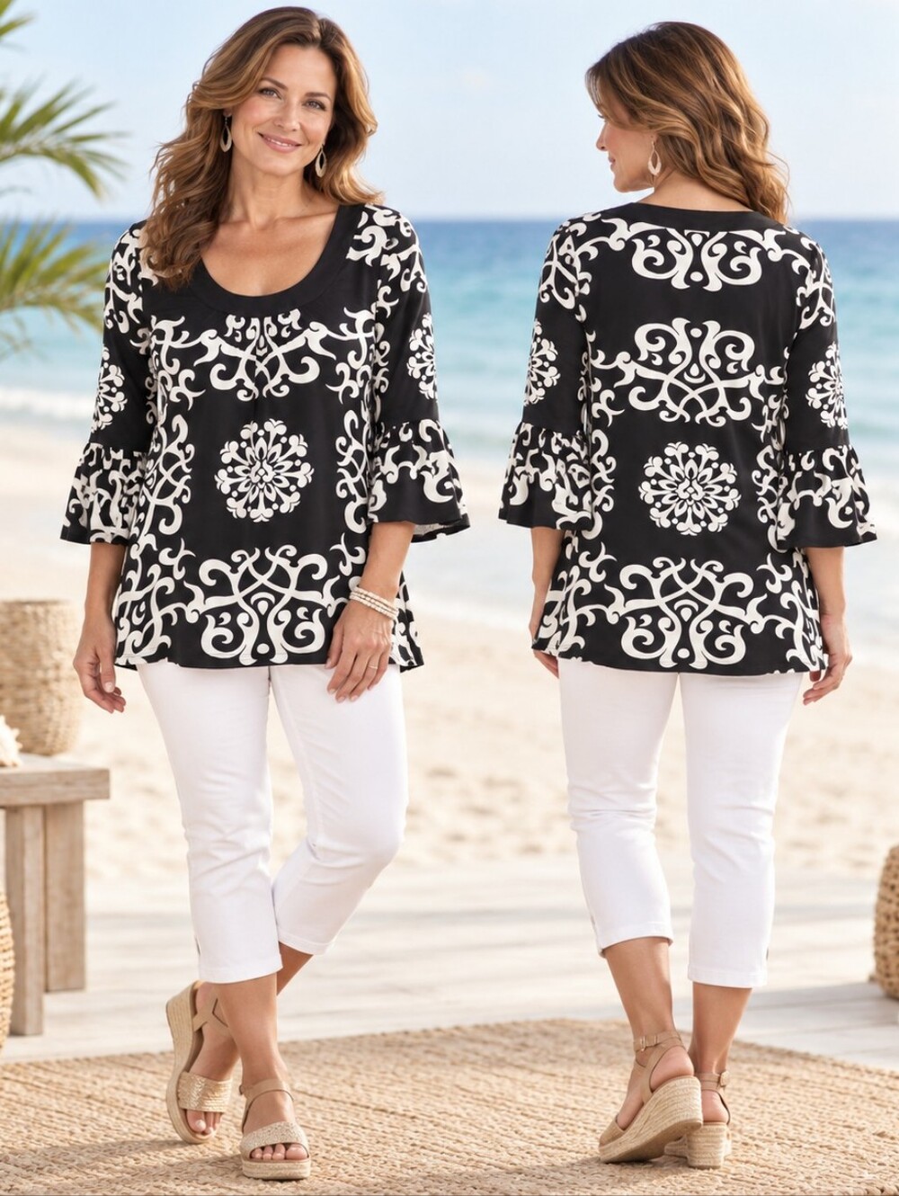 INC International Concepts Black White Damask Tunic Top Size L Coastal Chic Reso